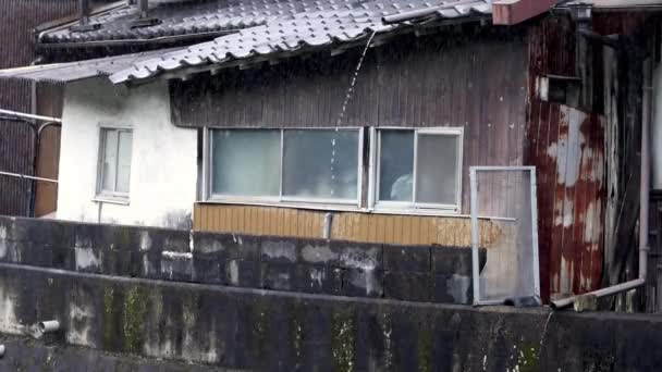 Water Runs Tiled Roof Corrugated Metal House Rainy Day High — Stock Video