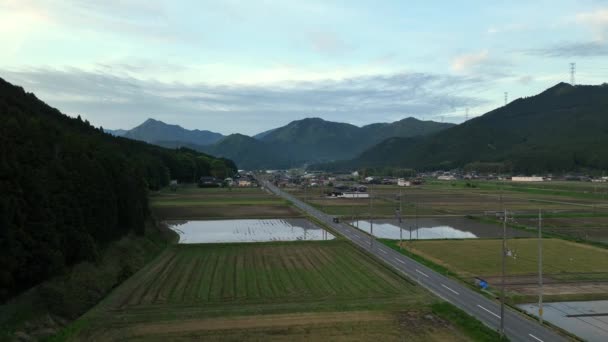 日本の山の風景の中にある小さな町への田舎道で田んぼの上を低飛んでいます 高品質4K映像 — ストック動画