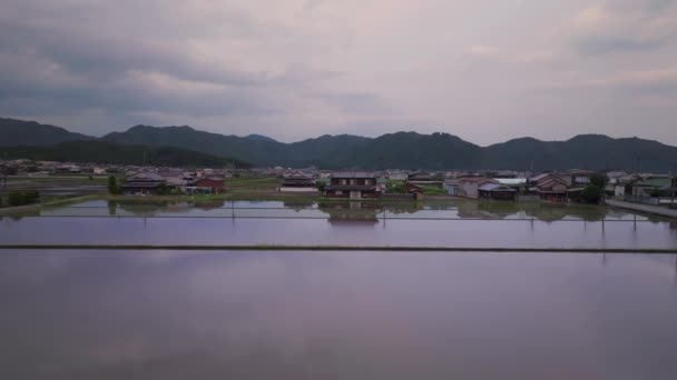 静谧的城镇里的房屋反映出稻田里暮色的天空 高质量的4K镜头 — 图库视频影像