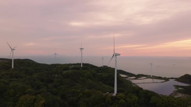 沿岸のエネルギー農場で風力タービンと太陽光パネルの上に劇的な夕日 高品質4K映像 — ストック動画
