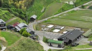 Geleneksel Japon evleri tarihi sazdan çatı evleri ve yeşil tarlalar. Yüksek kalite 4k görüntü