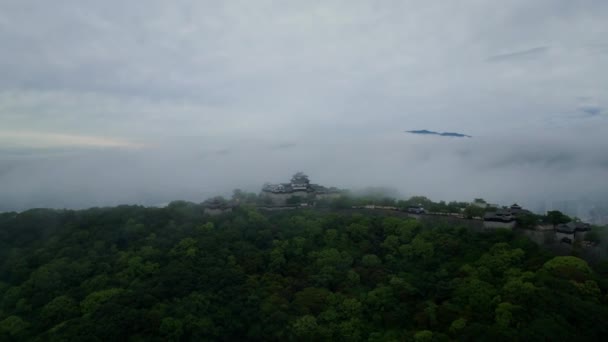 Widok Powietrza Mgłę Mgłę Nad Historycznym Japońskim Zamkiem Wzgórzu Według — Wideo stockowe