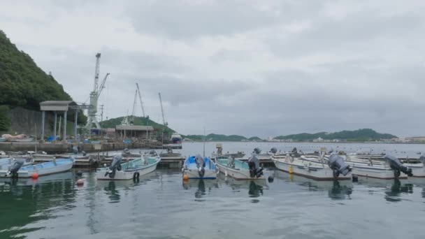 Dolly Sobre Pequeños Barcos Motor Muelle Flotante Puerto Tranquilo Imágenes — Vídeo de stock