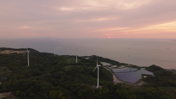 Flygfoto Över Kustvindkraftverk Och Solpaneler Med Dramatisk Himmel Vid Solnedgången — Stockvideo