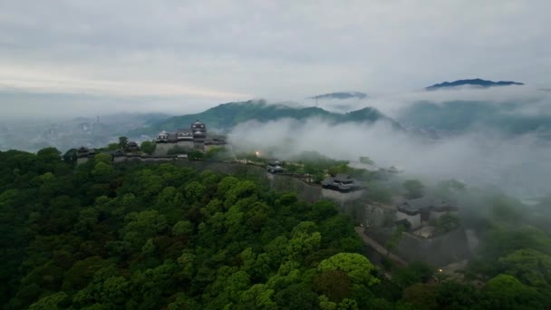 Pan Från Japanska Hilltop Slott Till Stad Tidig Dimmig Morgon — Stockvideo