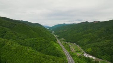 Yeşil ormanlı dağların arasından düz bir yolda uçuyorlar. Yüksek kalite 4k görüntü