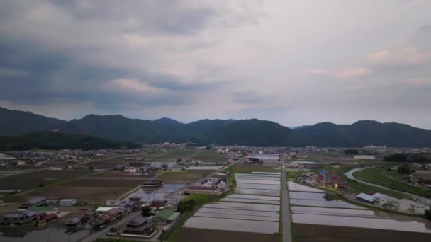 黄昏时分 飞过乡间公路 淹没了小镇的稻田 高质量的4K镜头 — 图库视频影像