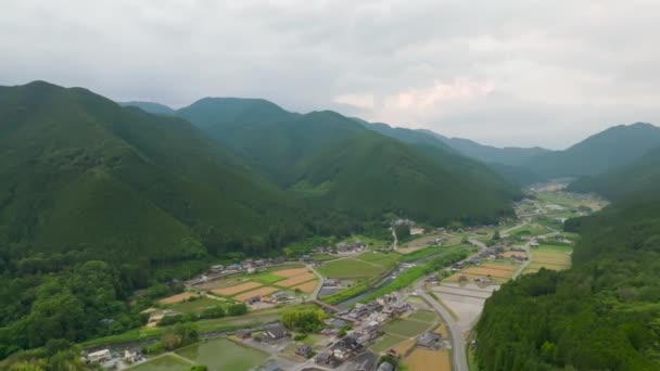 Rural Pueblo Agrícola Japonés Valle Entre Montañas Verdes Aérea Imágenes — Vídeo de stock