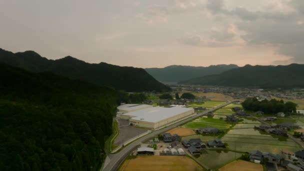 夕阳西下的稻田被小农庄和小山淹没了 高质量的4K镜头 — 图库视频影像