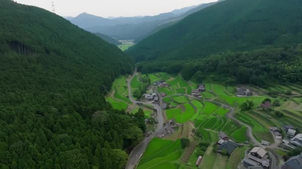 Aerial Pullback Terraced Rice Fields Small Mountain Village High Quality — Stock Video