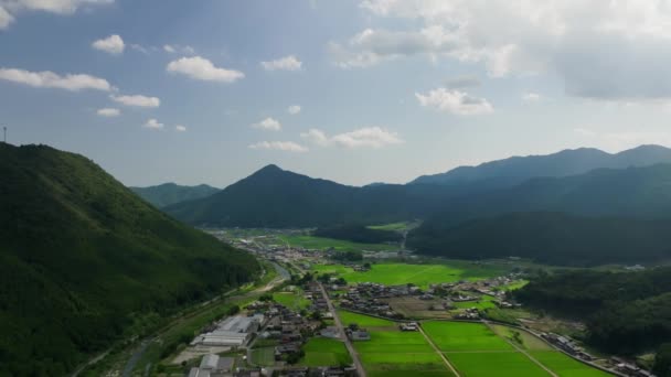 渓谷の川で緑の田んぼと小さな町の上を後方に飛んでいる 高品質の4K映像 — ストック動画