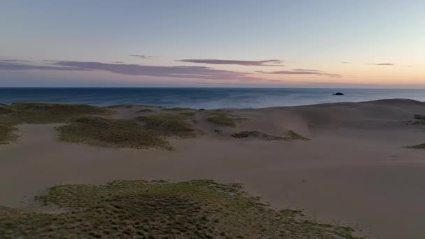 Flying Backwards Deserted Sand Dunes Coast Sunrise High Quality Footage — Stock Video