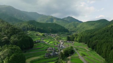 Dağlardaki küçük köy evlerinin teraslı pirinç tarlalarının havadan görünüşü. Yüksek kalite 4k görüntü