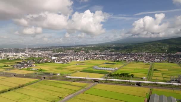 日本的子弹列车穿过山脚下的绿色稻田 富士在夏日 高质量的4K镜头 — 图库视频影像
