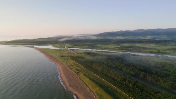 Coastal Road River Green Misty Landscape Morning Light Hokkaido Summer — Stock Video