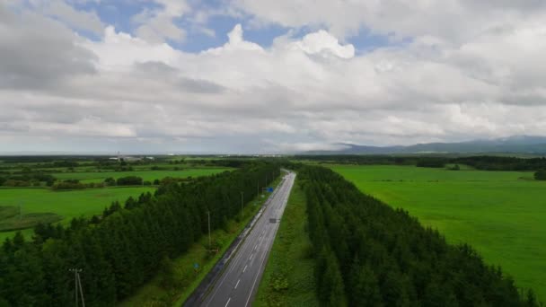 Tilt Υγρό Δρόμο Μέσα Από Καταπράσινο Τοπίο Hokkaido Καλοκαίρι Υψηλής — Αρχείο Βίντεο