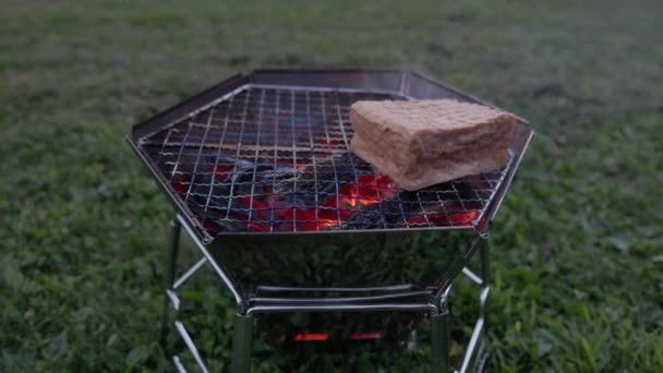 户外草坪上的小折叠式烤架上烤好的豆腐火锅 高质量的4K镜头 — 图库视频影像