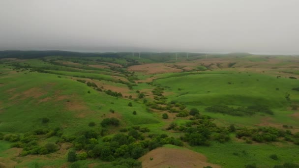 Luftfoto Grønne Brune Bølgende Bakker Med Fjerne Vindmøller Tåge Hokkaido – Stock-video