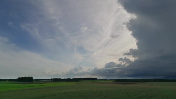 Буксирування Дощової Хмари Над Зеленими Сільськогосподарськими Угіддями Коли Погода Наближається — стокове відео