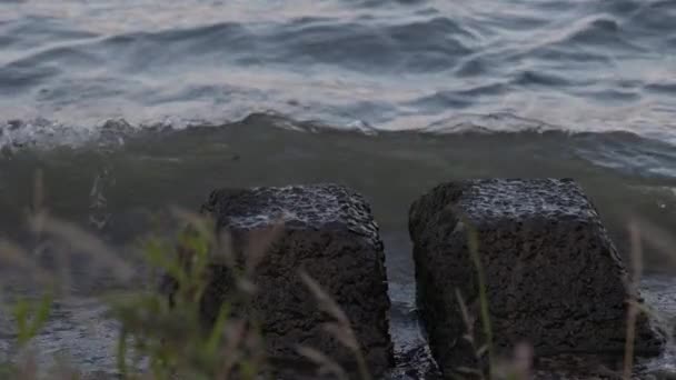 Küçük Dalgalar Kıyıdaki Iki Beton Bloğa Ağır Çekimde Çarpıyor Yüksek — Stok video