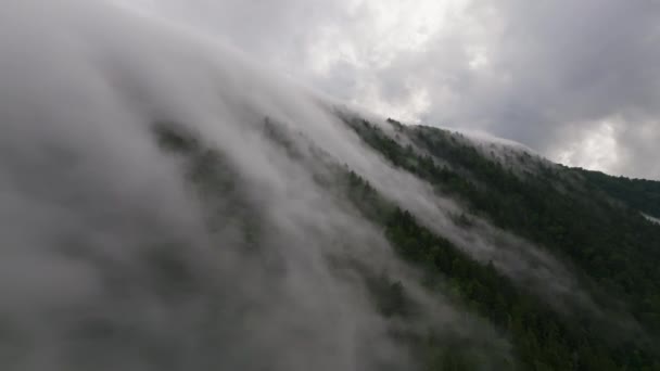 Revelación Aérea Niebla Dramática Niebla Montaña Boscosa Hokkaido Imágenes Alta — Vídeos de Stock