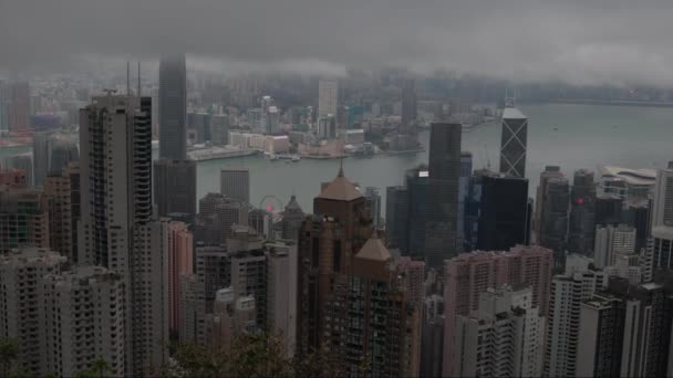 Zicht Hoge Gebouwen Wolkenkrabbers Hong Kong Regenachtige Dag Van Victoria — Stockvideo