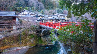 Geleneksel Japon köyünün oradaki küçük nehrin üzerindeki kırmızı köprü. Yüksek kalite fotoğraf