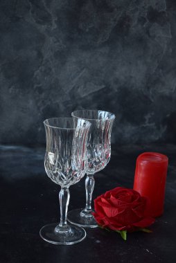 Valentine background with wine, roses and candle.