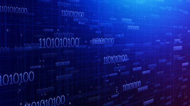 Mavi arkaplanda ikili kod. Soyut teknoloji fütüristik dijital arka plan. 3B illüstrasyon