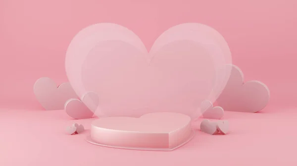Pastel pink heart shaped podium stage with heart shape symbol background for Valentine minimal products display stand, products showcase, promotion display, Valentine\'s day event. 3d rendering.