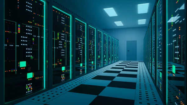 Server room with hardware racks and glowing lights. Data center, Web hosting services, Data storage, Database Server, Big data storage and cloud computing technology, Networking. 3d render.