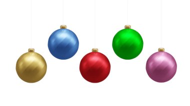 Bir dizi Noel topu takısı. Beyaz arka planda izole edilmiş Noel süsü seti. 3B görüntüleme.