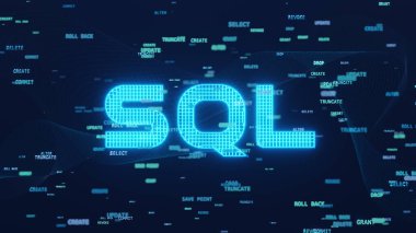 Mavi arkaplan üzerinde SQL sözcük ve SQL ifadeleri (Yapılandırılmış Sorgu Dili) kodu. 3B illüstrasyon.
