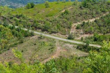 Yeşil vadinin karşısındaki boş asfalt yol. Endonezya 'nın Banda Aceh kentindeki tepenin en üst manzarası. 