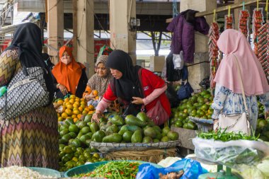 Aceh, Indonesia - 12 Mar 2022: Group of muslim asian women buying fruits at local market. Asian women wearing hijab buying fresh avocados at traditional market in Takengon, Aceh Indonesia 