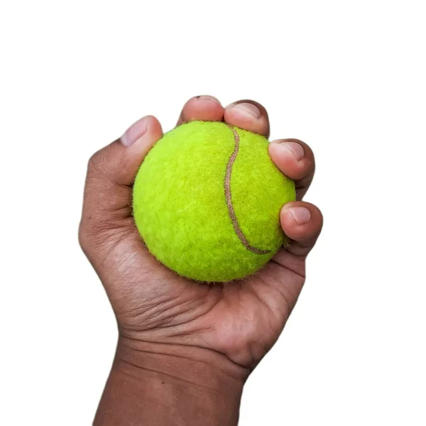 Man Hand Houden Tennisbal Geïsoleerd Wit — Stockfoto