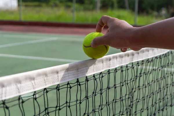 Tenis Topunu Kalenin Tepesine Koy Tenis Oyuncusu Tenis Topu Tutuyor — Stok fotoğraf