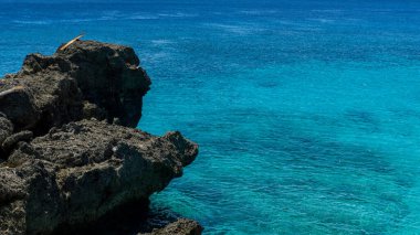 Endonezya 'nın Sabang adasındaki kayalık plaj. Deniz manzarası kopyalama alanı