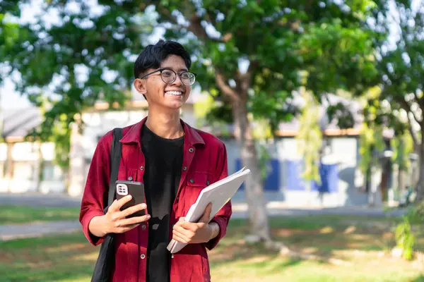 Young Asian College Student Using Smartphone Happy Expression Male Smiling — Stock Photo, Image