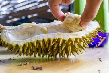 Tahta masadaki durian meyvesini yakın.. 