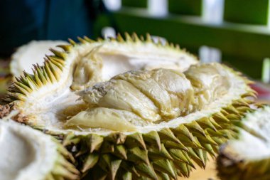 Tahta masadaki durian meyvesini yakın.. 