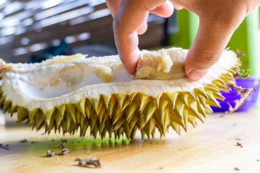 Tahta masadaki durian meyvesini yakın.. 