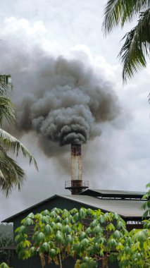 Industrial factory pollution from palm oil factory in Indonesia. Smoke coming out of the chimneys at the sunny day clipart