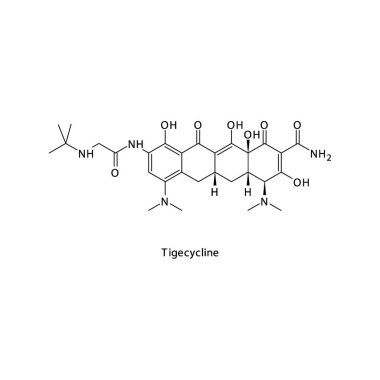 Tigecycline düz iskelet moleküler yapısı Tetracycline antibiyotik ilacı bakteriyel enfeksiyon tedavisinde kullanılır. Vektör illüstrasyonu.
