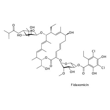 Fidaxomicin yassı iskelet moleküler yapı Lipiarymycin antibiyotik ilacı bakteriyel enfeksiyon tedavisinde kullanılır. Vektör illüstrasyonu.