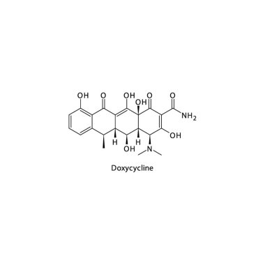Doxycycline yassı iskelet moleküler yapısı Tetracycline antibiyotik ilacı bakteriyel enfeksiyon tedavisinde kullanılır. Vektör illüstrasyonu.