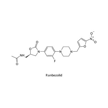 Ranbezolid düz iskelet moleküler yapısı Oxazolidone antibiyotik ilacı bakteriyel enfeksiyon tedavisinde kullanılır. Vektör illüstrasyonu.