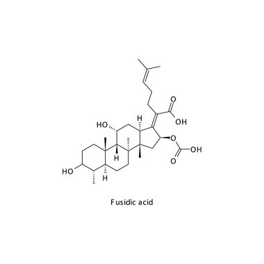 Fusidic asit düz iskelet moleküler yapı steroid antibiyotik ilaç bakteriyel enfeksiyon tedavisinde kullanılır. Vektör illüstrasyonu.