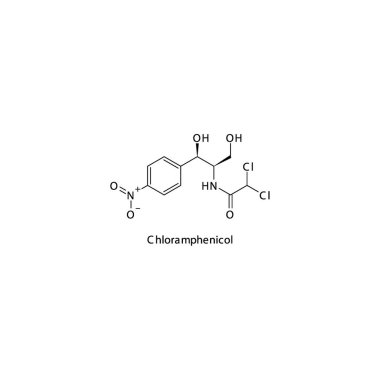Bakteriyel enfeksiyon tedavisinde kullanılan kloramfenikol düz iskelet moleküler yapısı Amphenicol antibiyotik ilacı. Vektör illüstrasyonu.