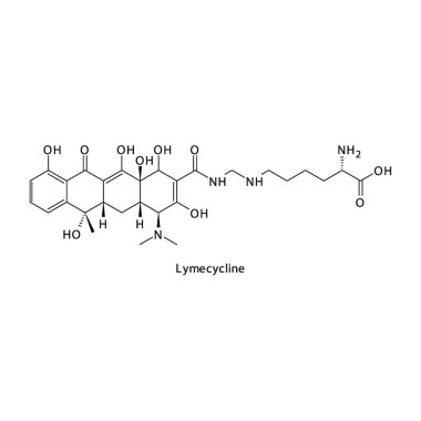 Lymecycline düz iskelet moleküler yapısı Tetracycline antibiyotik ilacı bakteriyel enfeksiyon tedavisinde kullanılır. Vektör illüstrasyonu.